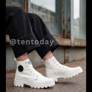 Palladium Size 8 White Canvas Chunky High Top Vegan Combat Boots Sneakers Shoes
